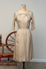 VTG 60s 70's Cocktail Dress Silky Beige Floral Polka Dots Pleated Mid Century picture
