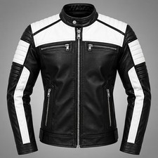 Men's Black & White Real Leather Motorcycle Jack Biker Moto Café Racer picture