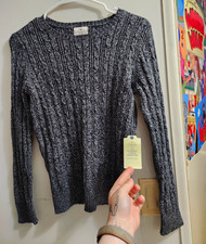 NWT St. John's Bay Womens Petite PS Gray/Black Marled Cable Knit Crew Pullover  picture