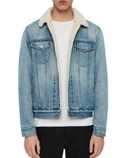 ALLSaints Sherpa Lined Denim Jacket Indigo Trucker Relaxed Snap Front RARE EUC picture