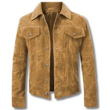 Men’s Vintage Brown Stylish Genuine Soft Suede Leather Trucker Classic Jacket picture