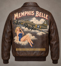 Memphis Belle Men's Genuine Leather A2 Bomber Jacket WWII Nose Art picture