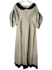 Kika Vargas Beige Linen Puff Sleeve Midi Dress Medium Scalloped Trim Pockets picture