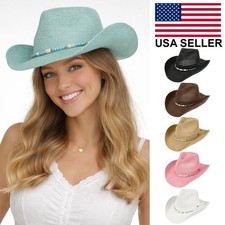 C.C Women's Solid Color Western Turquoise Stone Beaded String Band Cowgirl Hat picture