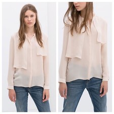 NWT ZARA PALE PINK NUDE 100% SILK BLOUSE WITH LAYERED FRONT - SM - Ref. 7548/600 picture
