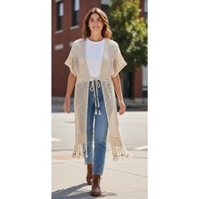 Artesia Open Knit Fringe Cardigan Duster Boho Beads Sz OS Hippie Y2K Retro Fall picture