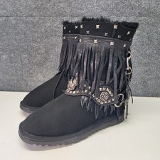 RARE Vintage Kettle Black x Koolaburra Suede Fringe Leather Studded Boots Sz 7 picture