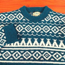 L.L.Bean Mens 80s VTG Fair Isle Wool Sweater L Teal Green White Nordic USA Made picture
