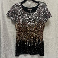 NWOT MANER SILVER  BRONZE SEQUINED EMBELLISHED SHORT SLEEVE TOP SIZE SMALL picture