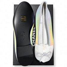 Chanel 26K Silver Multicolor Iridescent Black CC Logo Ballet Ballerina Flat 38 picture