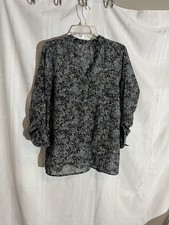 Vanity Sheer Abstract Floral Tunic Blouse NWOT M Boho Roll Tab Sleeve Button Up picture