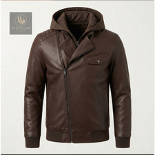 Men's Brown Real Leather Bomber Jacket Hooded Quilted Casual Outerwear picture