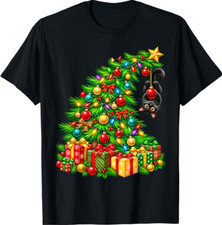 Black Cat Hanging from Christmas Tree Festive Pet Funny T-Shirt picture