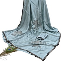 Rare Vintage Gray & White Pure Satin Silk Saree Hand Embroidered Fabric 5.5 Yard picture