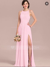 JJ's House Pink lace Sleeveless A-Line Fitted Bridesmaid Dress front Slit. picture