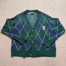 Playboy by PacSun Mens Argyle Cardigan Sweater Green Navy Blue Gold Logo Medium picture