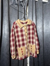 POL Plaid Fleece Trim Distressed Shacket Jacket Red Tan Women's Size L picture