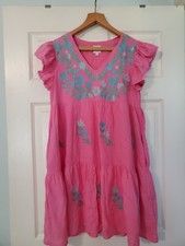 J. Marie Pink Embroidered Floral Linen Cotton Dress  Pockets Women’s Small Boho picture