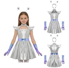 Girls Alien Costume Sparkly Cosplay Costume School Play Dress Metallic Shiny picture