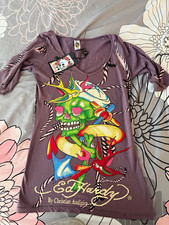 NWT Vintage/Y2K Ed Hardy Women’s Purple Graphic Skull Tattoo 3/4 Sleeve L picture