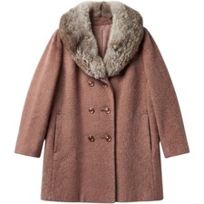Sears Fashions Coat Medium Pink Faux Fur Collar Double Breasted Vintage 70s Mod picture