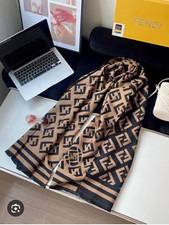 Fendi Women’s Brown Black FF Logo Monogram Print Scarf/Wrap with Logo Accents picture