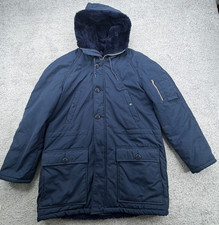 Vintage Sears Work Leisure Parka Mens Medium Navy Blue Heavy Faux Fur Lined READ picture