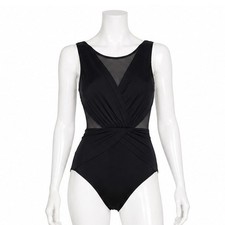 NEW Miraclesuit Palma Deep V One Piece Swimsuit Women's 8 Black Mesh Wrap Front picture