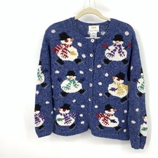 Talbots Women Size Medium Petite PM Sweater Vintage 90s Snowman Cardigan Top picture