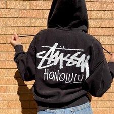Stüssy Honolulu Black Full Zip up Hoodie Graphic Logo Print Womens Size S cotton picture
