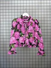 The Kooples Paris Women’s Floral Sheer Blouse Size 2 Pink Black Rose Ruffle Top picture