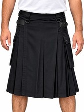 Men's Tactical Utility Kilt Black 100% Cotton Cargo Kilt  Leather Buckles 34-44 picture