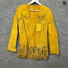 VTG Suede Fringe Jacket Womens Yellow Western Boho Cowgirl Concho Trim - S NWT picture