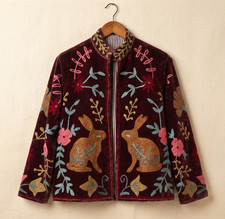 Handmade Velvet Suzani Jacket Women Maroon Floral Rabbit Embroidered Boho Coat picture