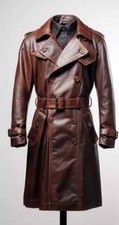 Men's Brown Leather 100% Real Lambskin Vintage Trench Coat Stylish Winter Wear picture