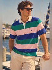 Nautica Men’s Medium Colorblock Striped Polo Shirt Blue Green Pink Preppy picture