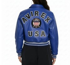 Women's Avirex Blue Real Bomber American Flight Jacket Leather Jacket for Ladies picture