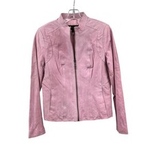 Hal Rubenstein 100% Leather Suede Jacket Pink Zip Up Biker Sz Small Pockets New picture