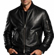 Men's Black Genuine Leather Bomber Jacket Moto Biker Zip Up Motorcycle Coat Slim picture