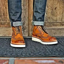 Handmade Men's Orange Leather Lace Up Wingtip Brogue High Ankle Vibram Sole Boot picture