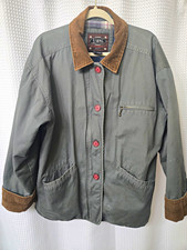 Vintage B. Moss Womens L Green Barn Coat w/ Brown Corduroy Collar Plaid Lined picture