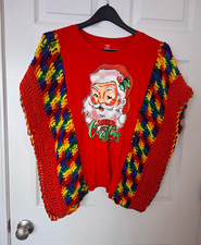 Hanes L Red Santa Merry Christmas Graphic Tee w Multicolor Crochet Accents picture