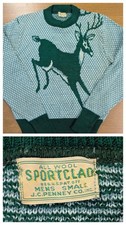 Vtg 1940s 1950s Sportclad JC Penney Deer Stag Novelty Wool Sweater Mens Small picture
