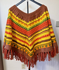 70's Handmade Crochet Poncho W/Fringe Fair Isle Style Brown Yellow Orange Boho picture