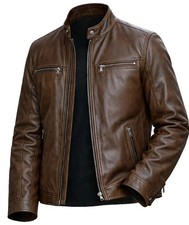 Men's Brown Genuine Leather Jacket Cafe Racer Motorcycle Biker Vintage Slim Fit picture