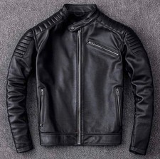 Luxury Mens Black Leather Biker Jacket Slim Fit Cafe Racer Motorcycle Coat picture