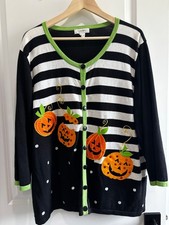 Vtg C.J. Banks Halloween Pumpkin Striped Cardigan Sweater 3X picture