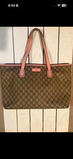 Gucci GG Canvas Zip Tote Handbag Beige/Brown with Pink Leather Trim picture