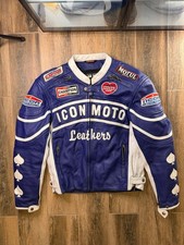 Vintage Icon Moto Motorcycle Racing Leather Jacket Red White Blue M GREAT COND picture