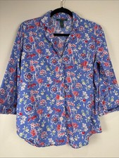 Lauren Ralph Lauren Blue Monogram Red Floral Button-Front Shirt Size Small EUC picture